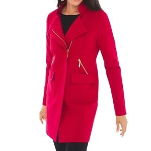 Chico's - Vibrant Red Long Line Notched Collar Zipper Font Sleek Ponte Jacket